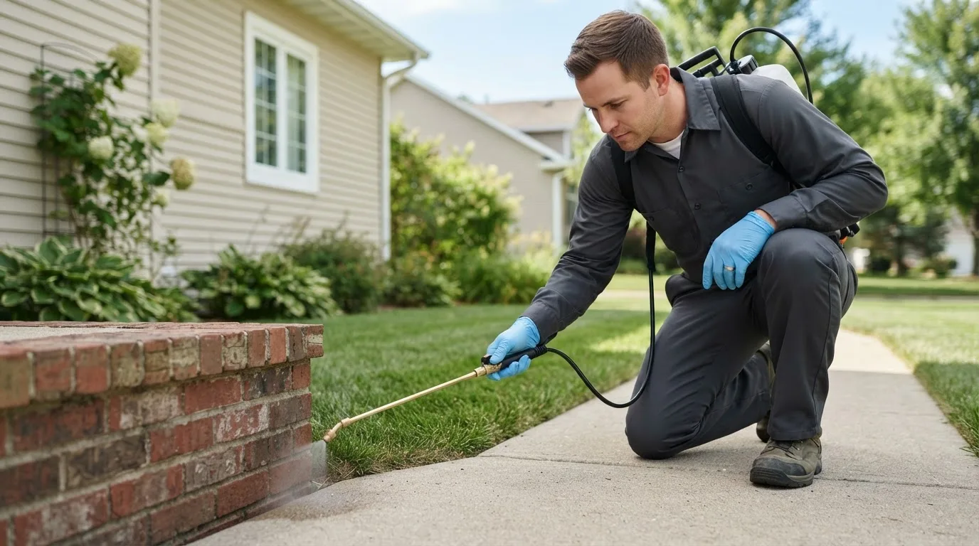 Pest control technician treating a home near Mogadore, OH