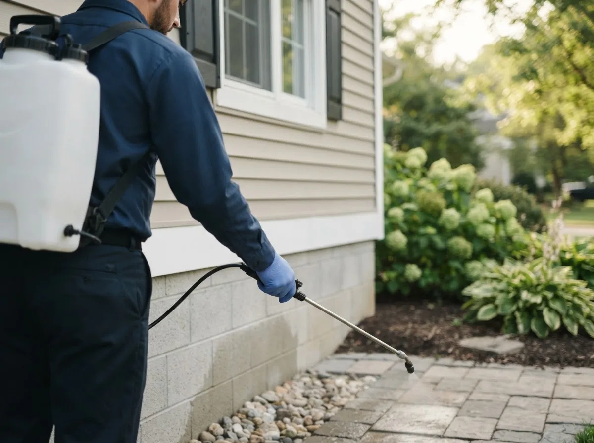 Pest control technician inspecting a home in Mogadore, OH